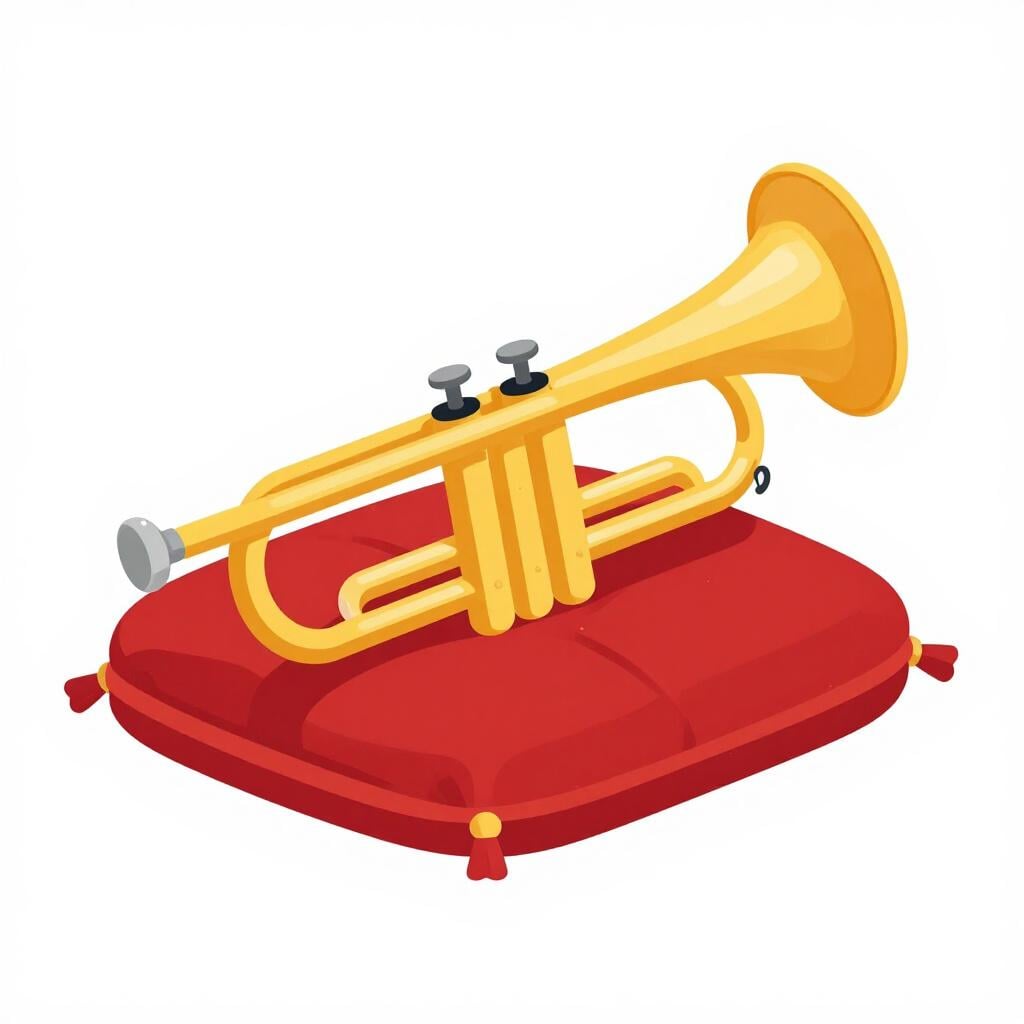 A single golden trumpet resting on a velvet cushion, highlighted as the main instrument.