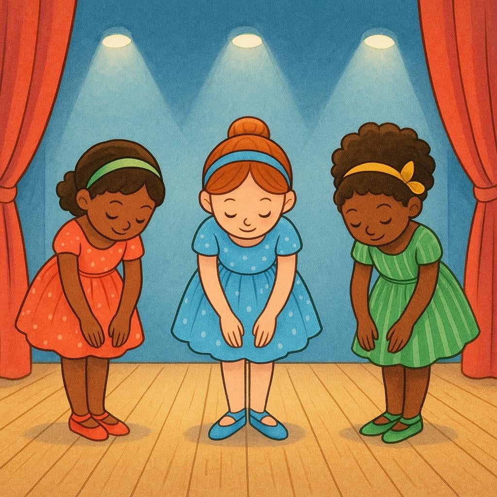 A small group of ballet dancers on a stage, performing a coordinated movement, representing a dance troupe.