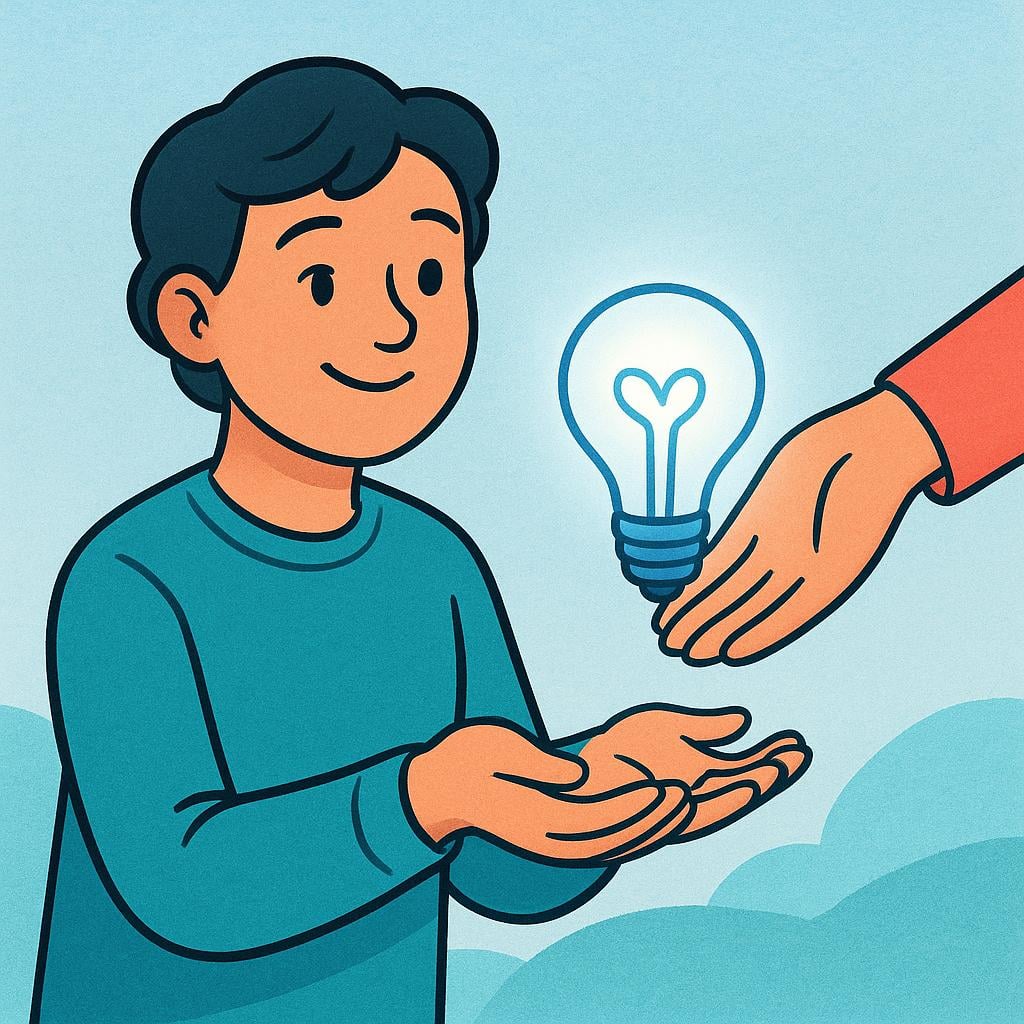 A cheerful person accepting a glowing lightbulb, which symbolizes an accepted idea, from another person's hand.