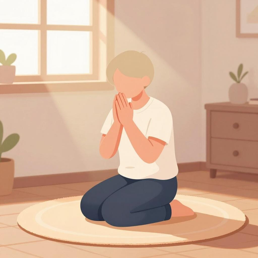 A person kneeling peacefully with hands joined in prayer near a window.