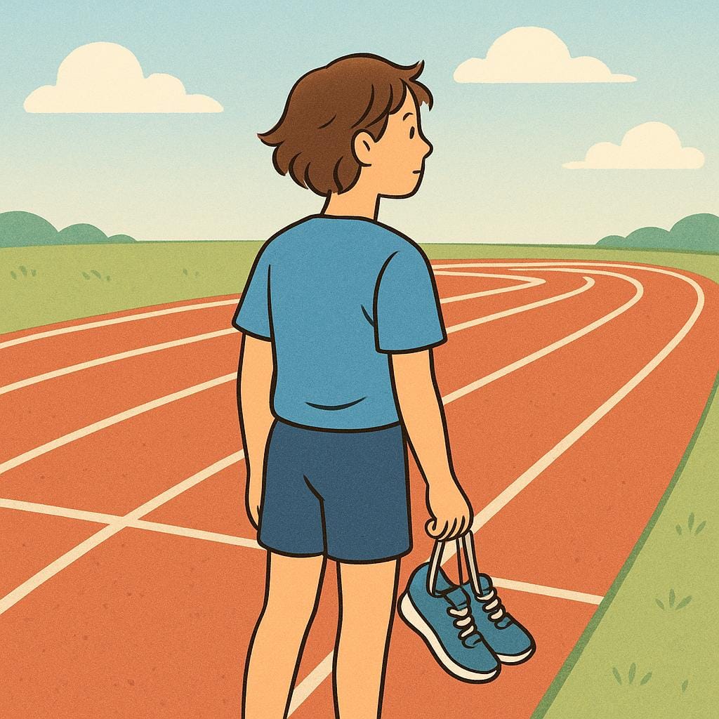 Una persona in piedi su una pista di atletica, con in mano un paio di scarpe da corsa, che guarda lontano dalla pista, simboleggiando l'abbandono della gara o dell'obiettivo.