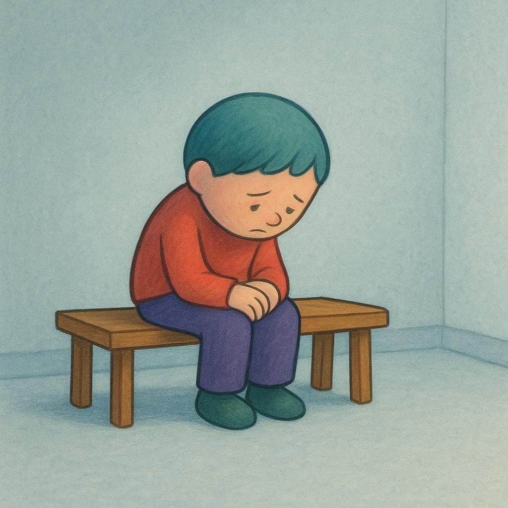 Una singola figura solitaria seduta su una semplice panca di legno in una stanza spoglia, con aria abbattuta e gravata, a simboleggiare il subire le conseguenze.