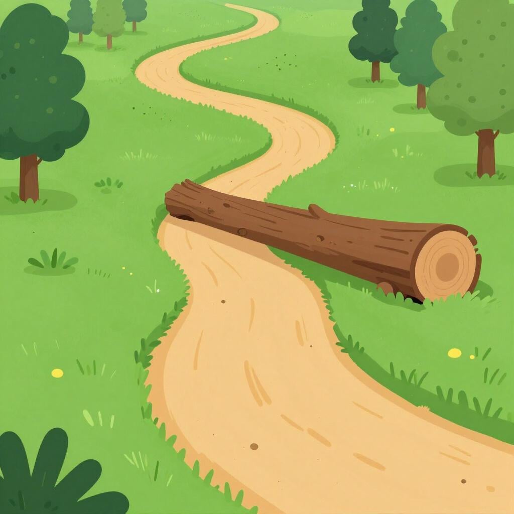 A winding dirt path curving around a large fallen tree in a lush forest.