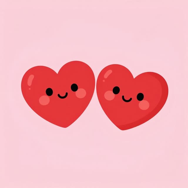 A simple drawing of two stylized, blushing hearts floating close together on a soft pink background.