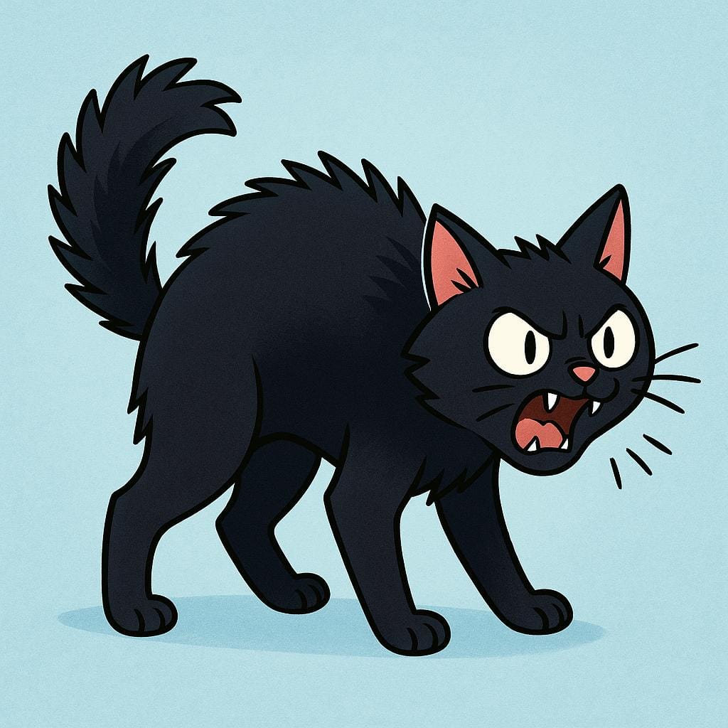 A simple storybook illustration of a black cat with its back arched and fur standing up, hissing aggressively.