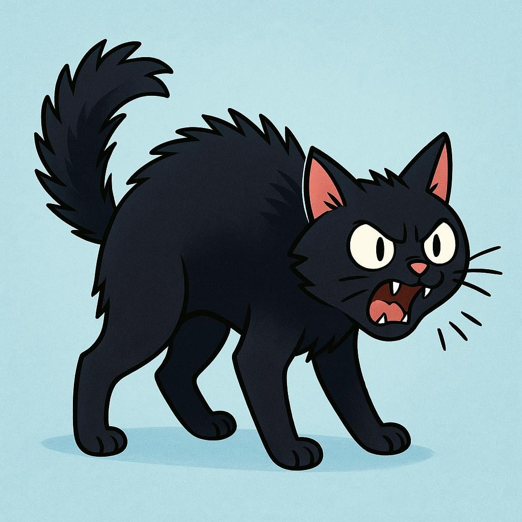 A simple storybook illustration of a black cat with its back arched and fur standing up, hissing aggressively.