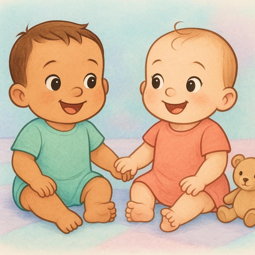 A colorful storybook illustration showing two cheerful infants sitting side-by-side on a soft, pastel blanket.
