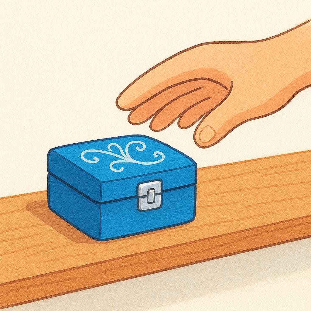 一人の人物が、整頓された木の棚に小さくて青い箱をそっと置く様子。記録または確認という完了した動作を示している。