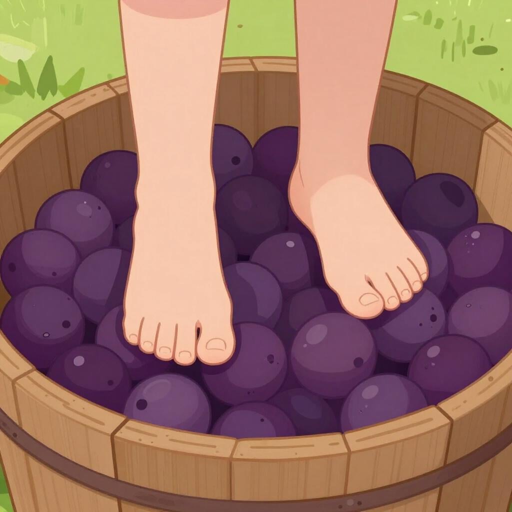紫色のブドウがたくさん入った大きな木の樽の中の裸足。