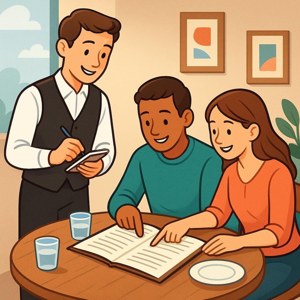 A waiter stands ready with a notepad while two customers at a table point at a menu to order food.
