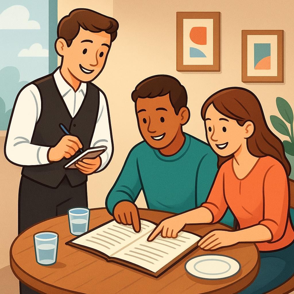 A waiter stands ready with a notepad while two customers at a table point at a menu to order food.