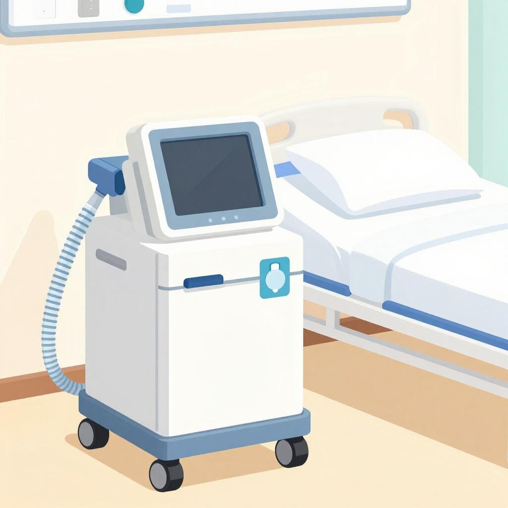 A medical ventilator machine next to a hospital bed.