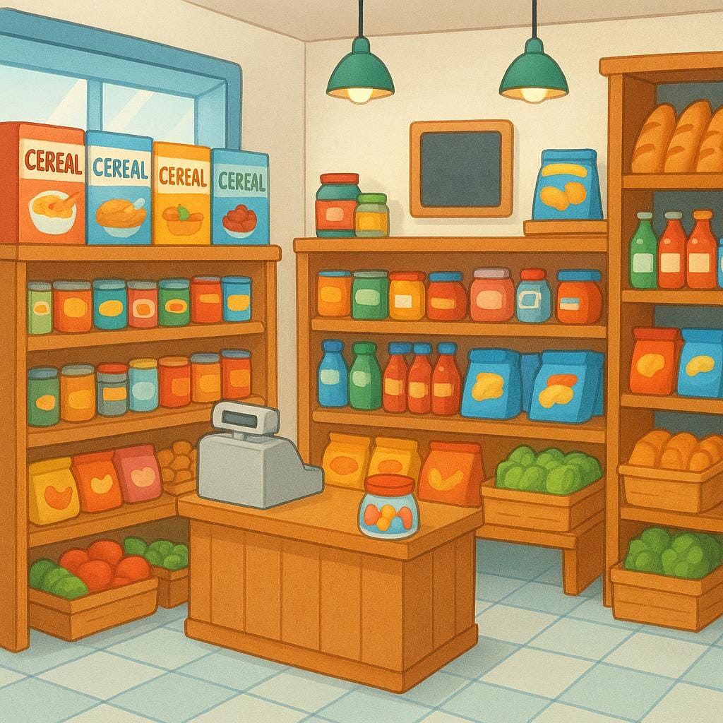 The colorful interior of a small, vibrant corner store, showing shelves packed tightly with various groceries, snacks, and brightly colored packaged goods.
