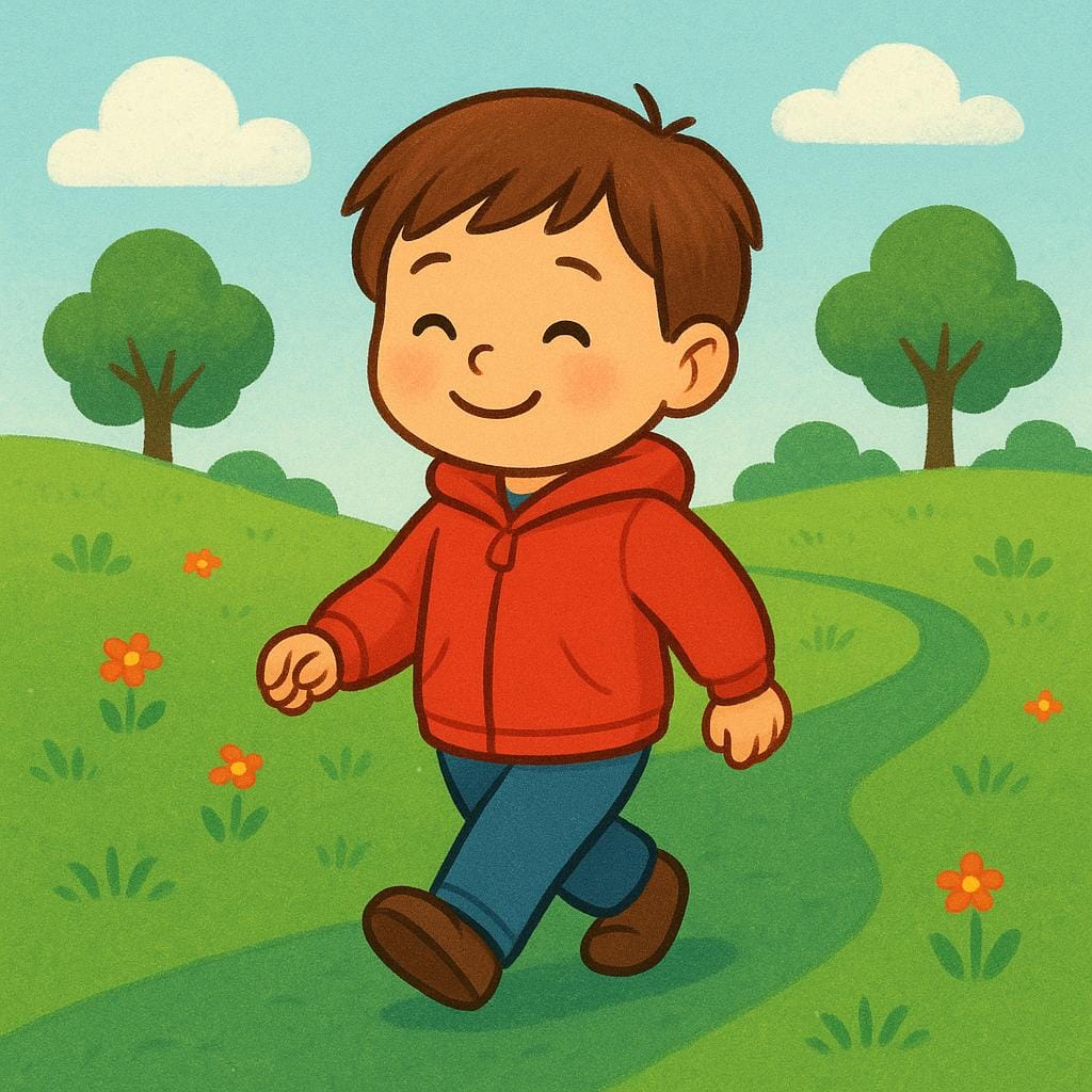 A colorful storybook illustration showing a child in a red jacket walking along a winding path surrounded by grass.