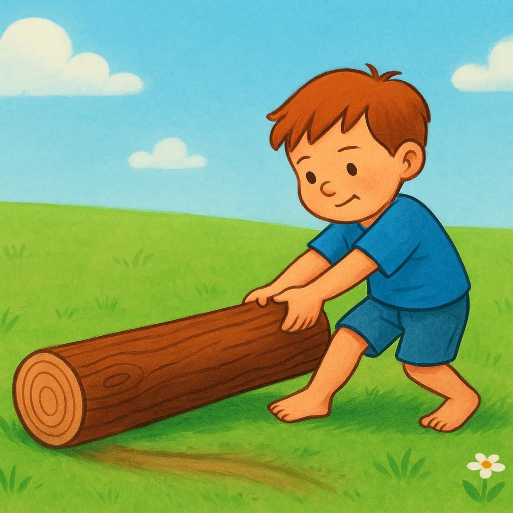 A child wearing blue overalls pulling a heavy brown wooden log across green grass, leaving a clear drag mark behind the log.