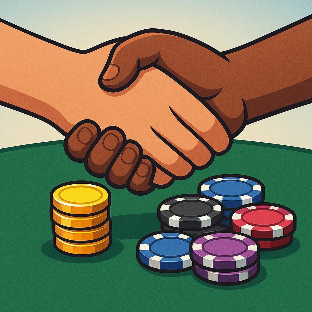 A close-up view of two cartoon hands shaking firmly over a small pile of gold coins and colorful betting chips on a green felt table, representing wagers placed.