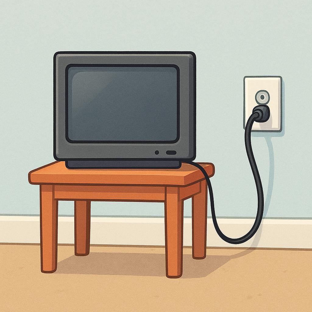 A simple, colorful cartoon television set resting on a stand, connected to a wall socket by a visible black coaxial cable.