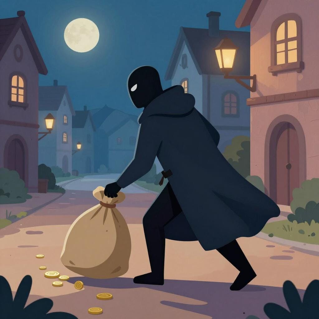 A dark, shadowy figure in a hooded cloak sneaking away with a stolen bag of gold, leaving behind a mess.