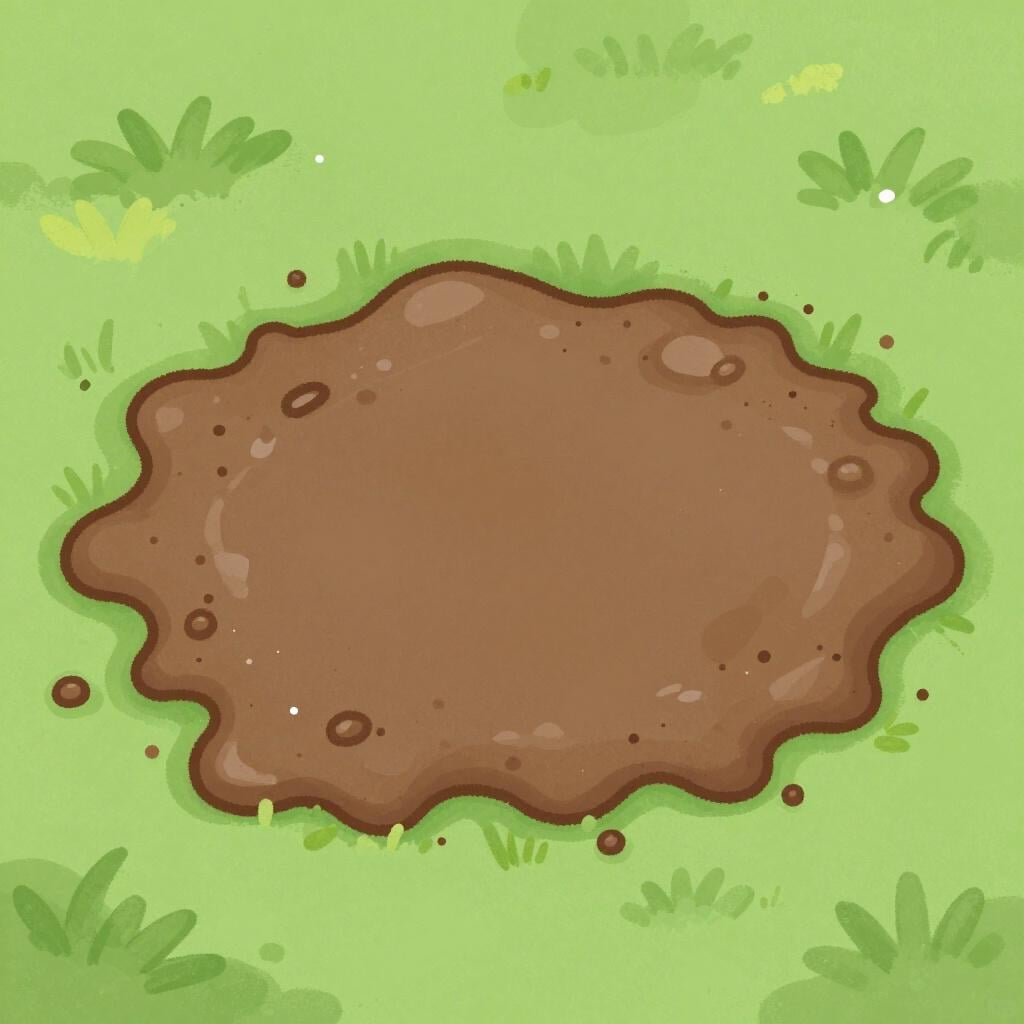A thick, brown puddle of wet mud on a small patch of green grass.