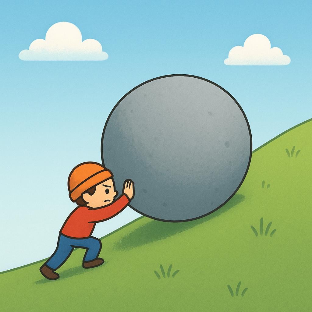 A young person with a determined expression straining to push a large, round gray rock up a gentle green slope, illustrating effort.