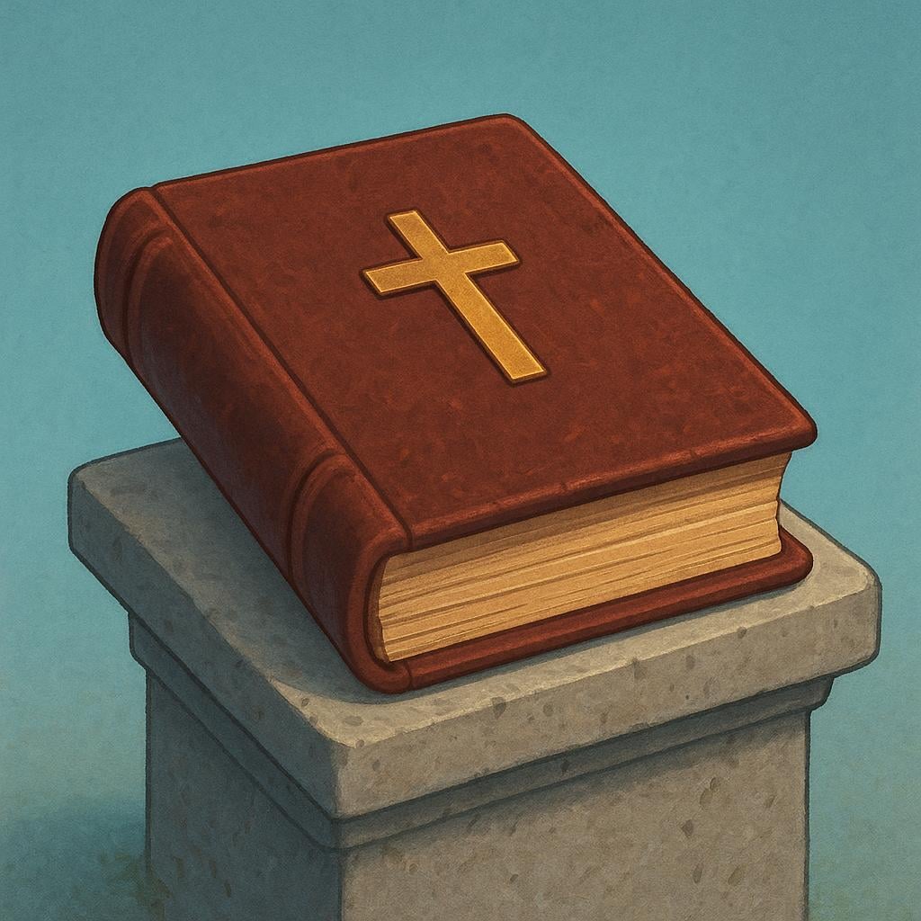 A large, thick, closed book with a heavy leather cover and a simple embossed gold cross design, representing a Testament, resting on a stone pedestal.