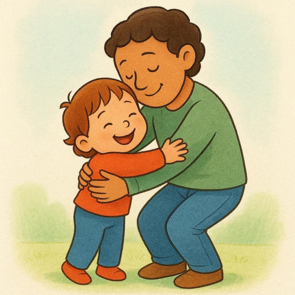 A small child giving a sincere, tight hug to an adult figure, symbolizing gratitude and thanks.