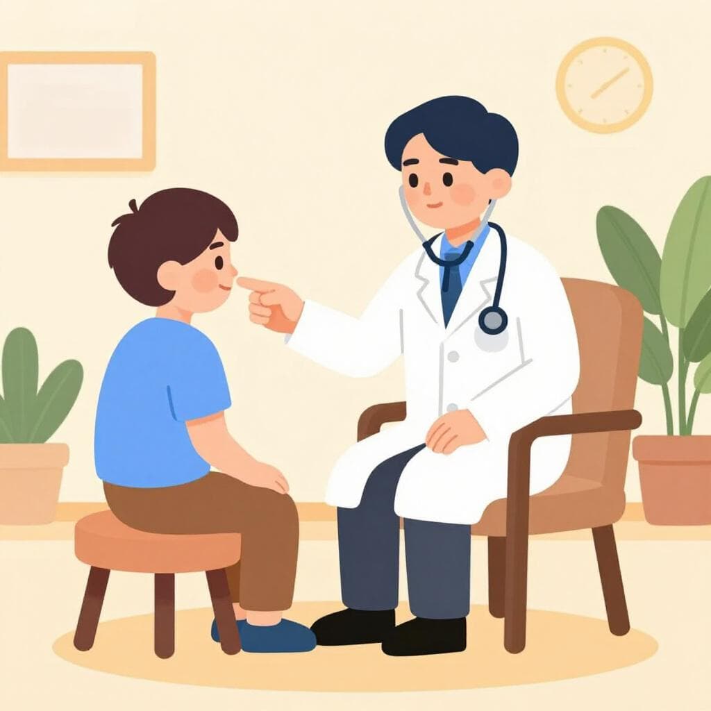 Un médecin sympathique en blouse blanche écoutant attentivement une personne assise sur une chaise confortable, symbolisant les soins psychiatriques.