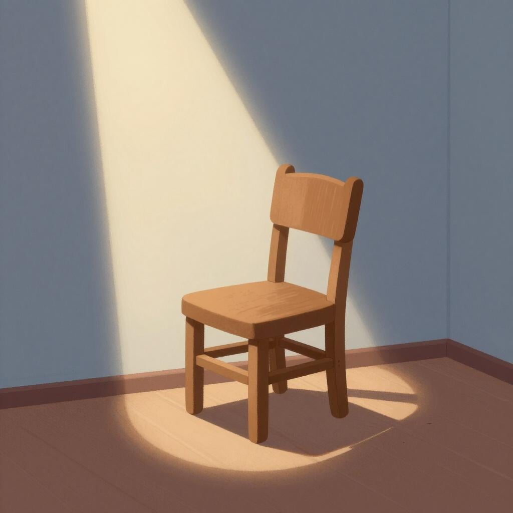 Een lege, donkere kamer met een enkele spotlight op een eenzame stoel, die de isolatie van verslaving symboliseert.