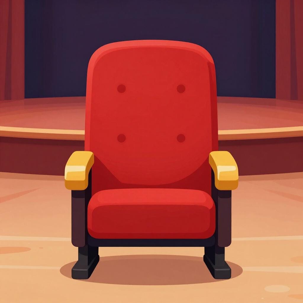 A single red velvet theater seat standing alone in a spotlight.
