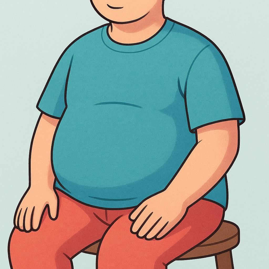 A simple, colorful storybook illustration of a person's torso, clearly showing the rounded abdominal area.