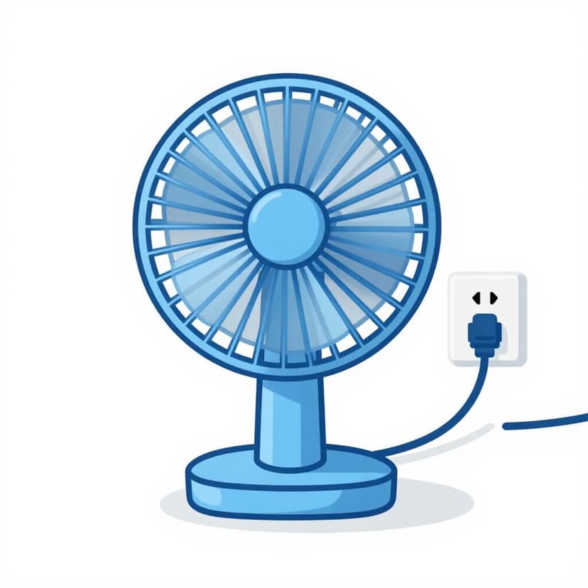 Eine farbenfrohe Bilderbuchillustration eines kleinen Tischventilators, der sich dreht und blaue Windlinien zeigt, die seine Funktion anzeigen.