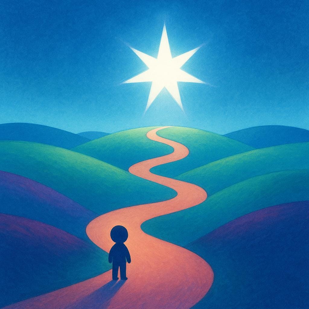 A small stylized person stands on a path, looking towards a large, brightly glowing star or beacon positioned prominently on the distant horizon, symbolizing a goal or guiding principle.