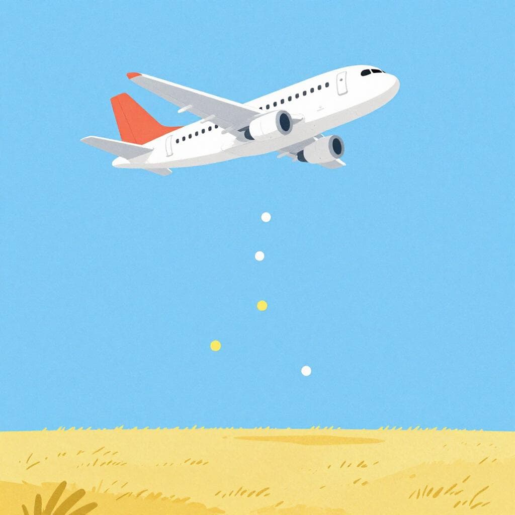 Une silhouette d'avion lâchant des colis sur un paysage.