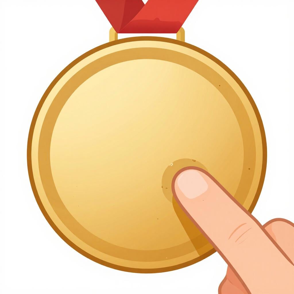 A shiny gold medal with a dark, muddy thumbprint on its surface.