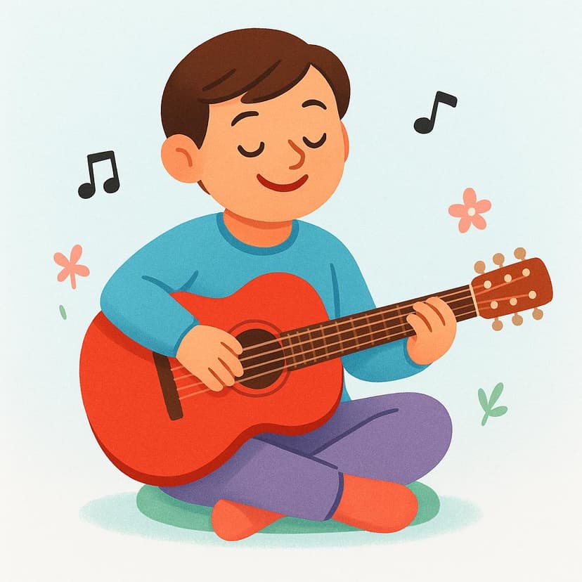 Ein fröhlicher Zeichentrickcharakter sitzt und zupft eine leuchtend rote Akustikgitarre.