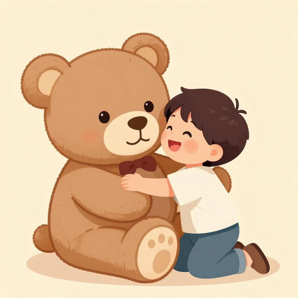 温かい笑顔で、大きな柔らかいテディベアを抱きしめている子供の写真。