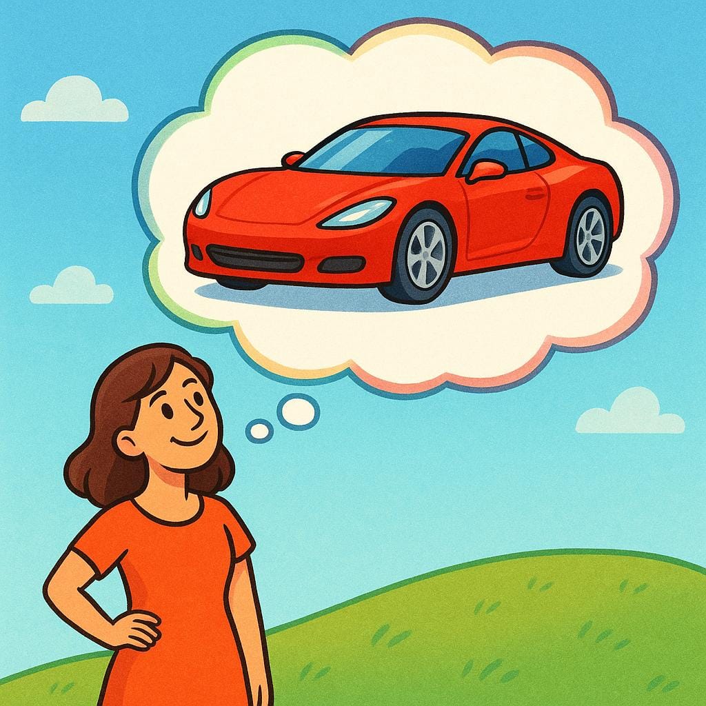 A young woman standing on a hill, looking up at a large, colorful thought bubble that clearly shows a shiny red sports car, symbolizing hypothetical possession.