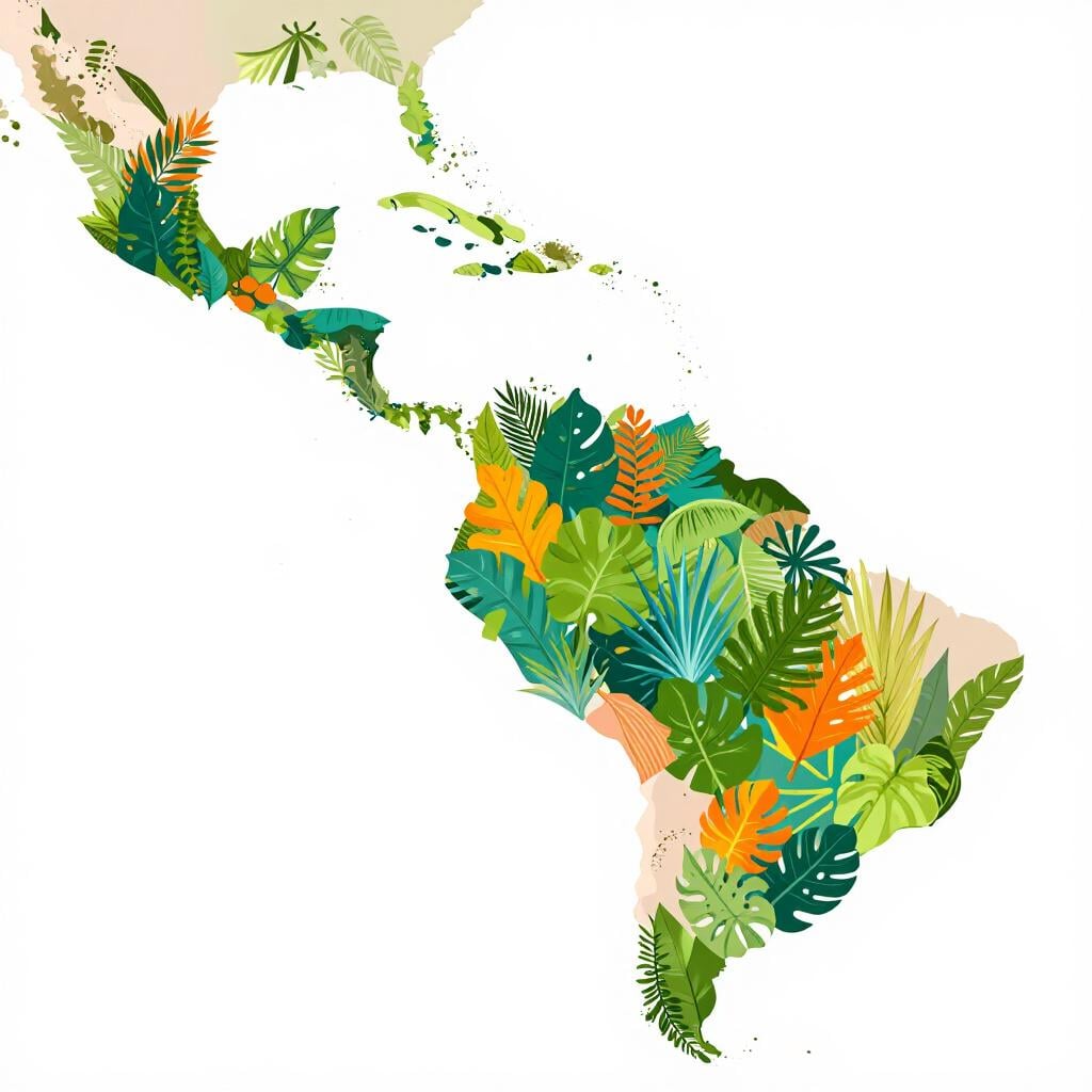 Une silhouette de carte de l'Amérique centrale, colorée et remplie de motifs tropicaux vibrants.