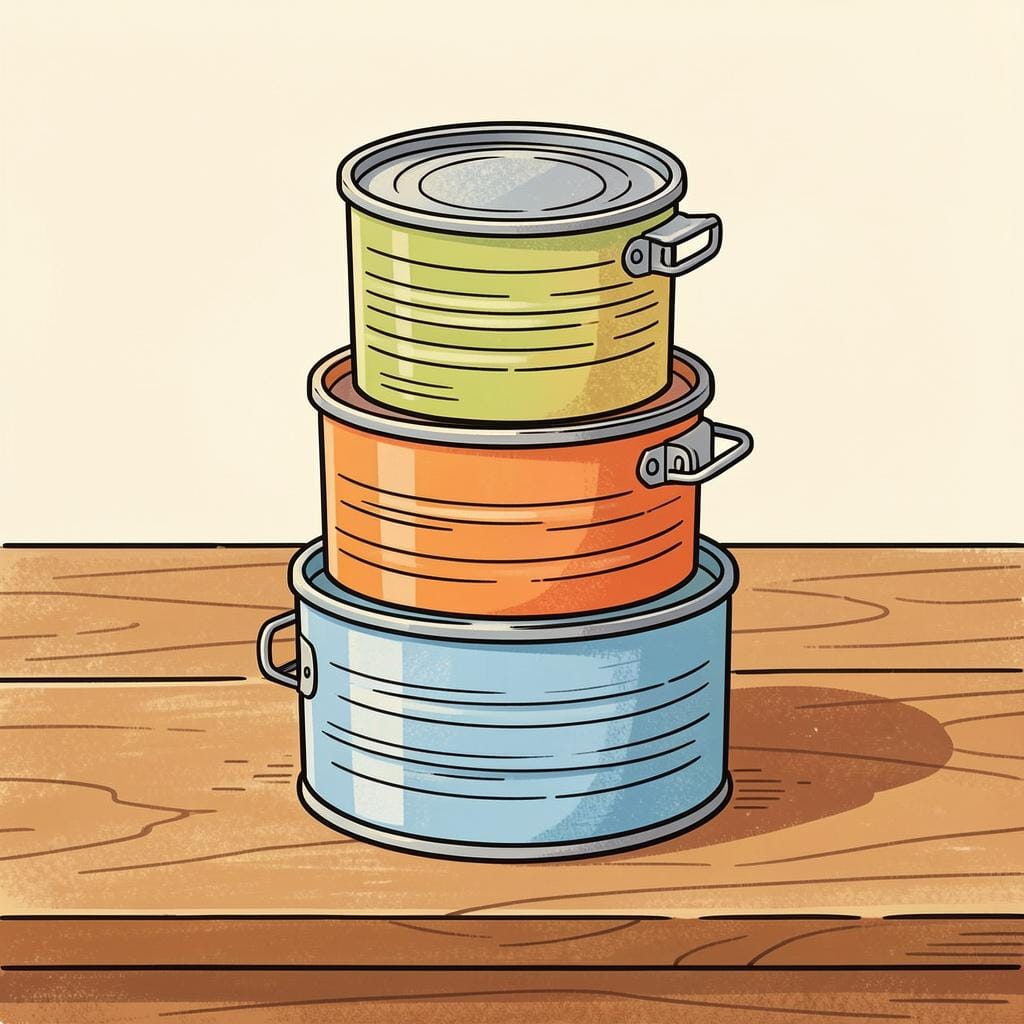 A collection of colorful metal food cans stacked neatly.