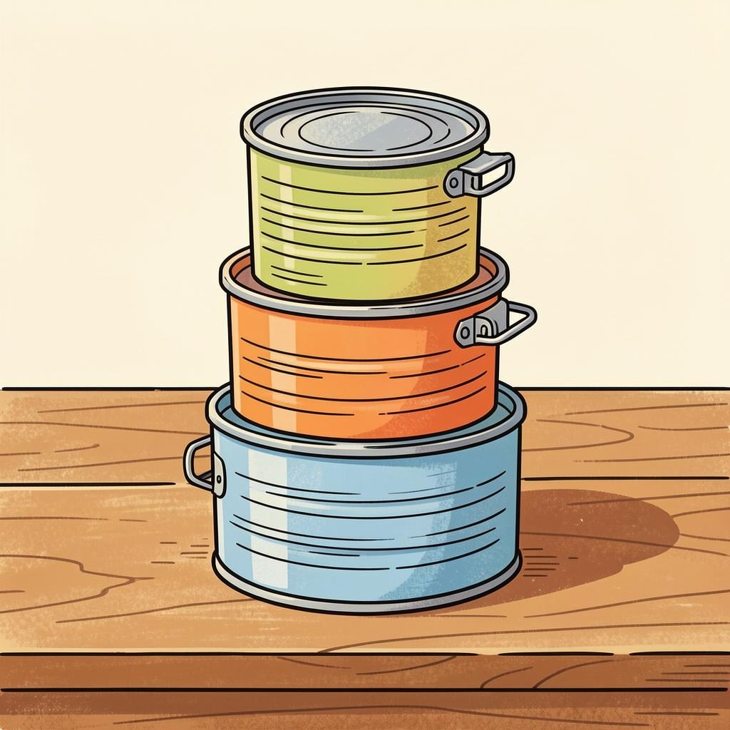 A collection of colorful metal food cans stacked neatly.