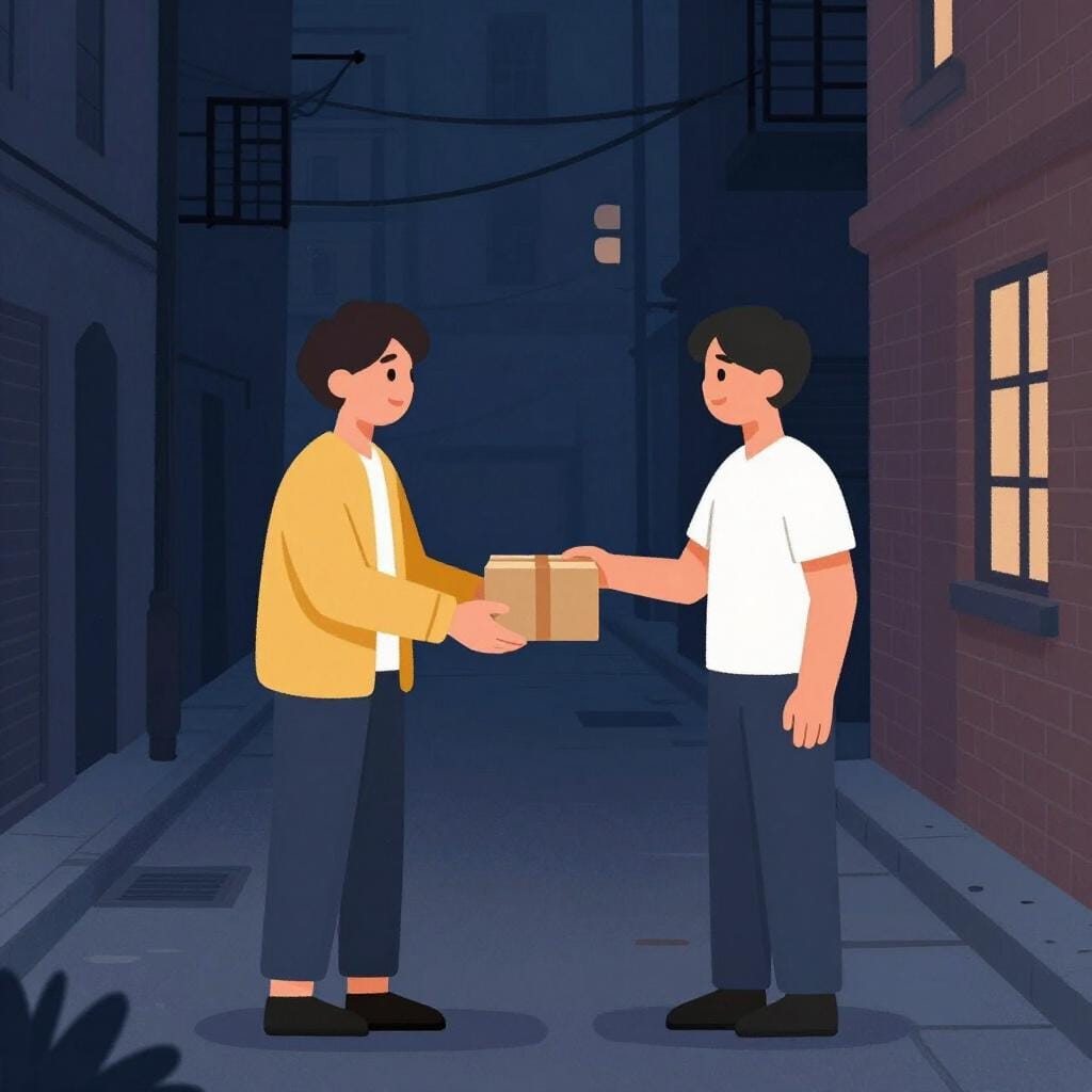 A mysterious figure in a dark hooded jacket handing a small package to another person in a dim alleyway.