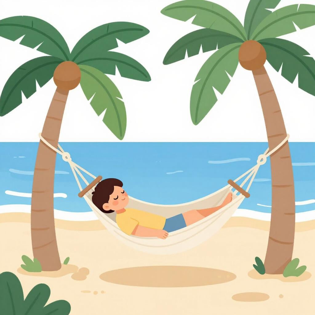 A person lying comfortably in a colorful hammock between two palm trees on a quiet beach.