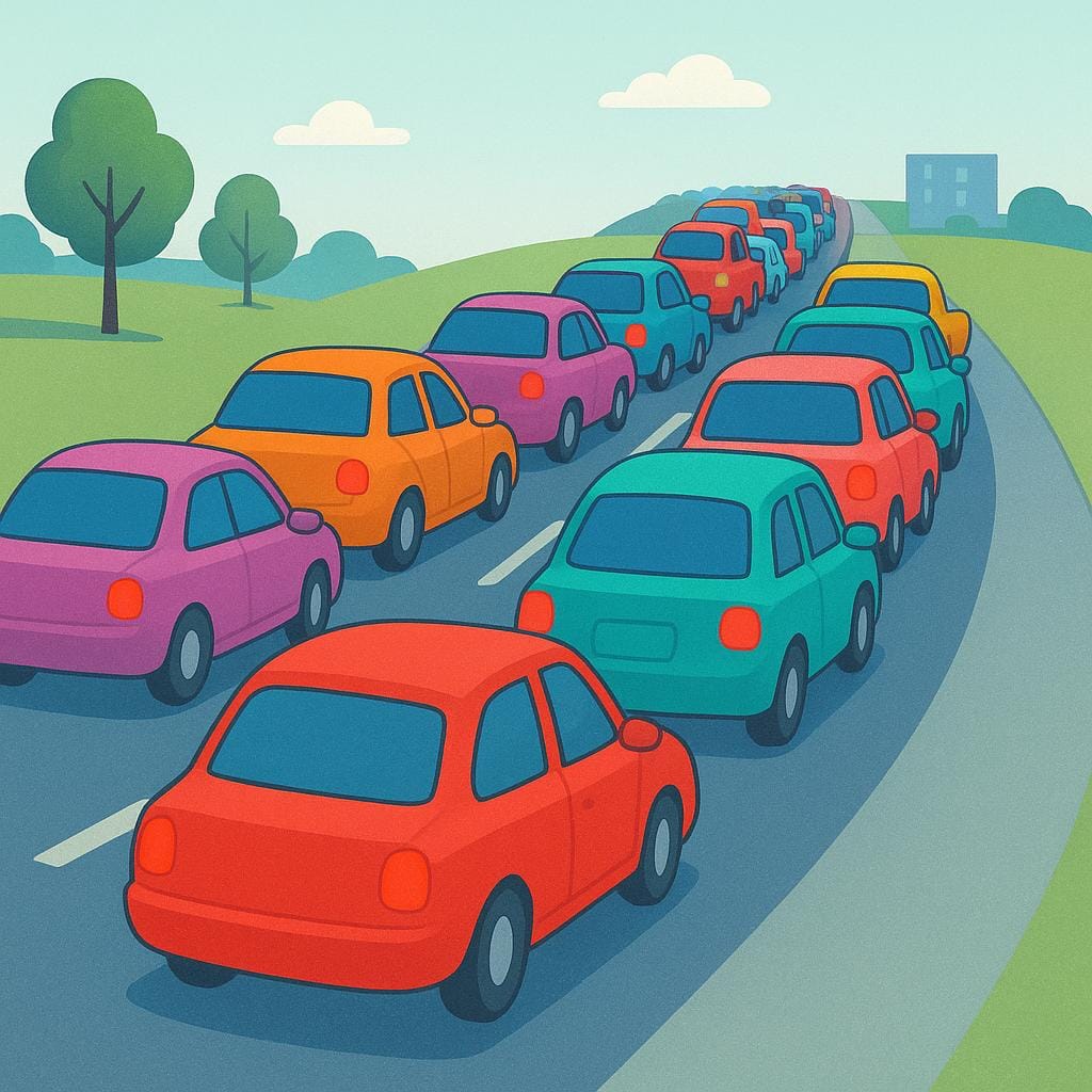 A crowded scene of many brightly colored cars stopped bumper-to-bumper on a road, illustrating a severe traffic jam or bottleneck.