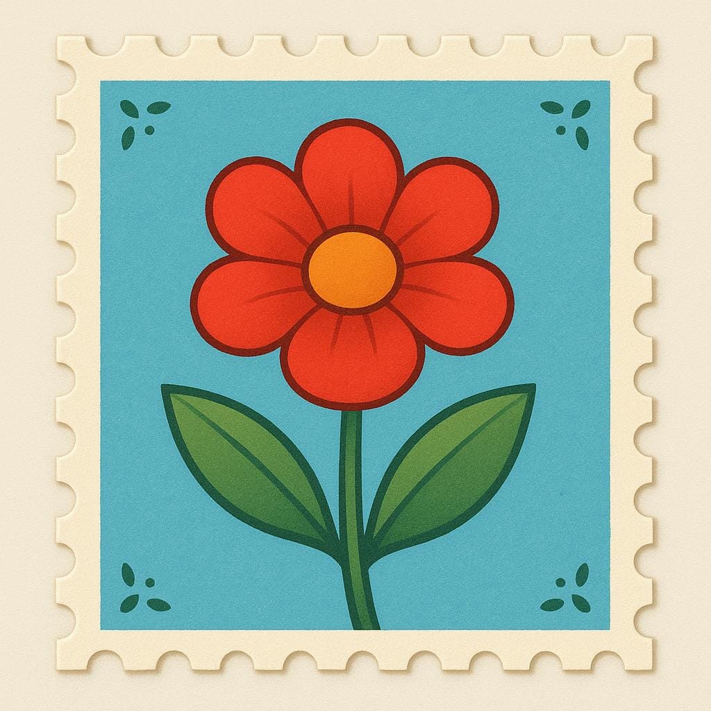 A small, colorful rectangular postage stamp with wavy edges, featuring a simple drawing of a flower.