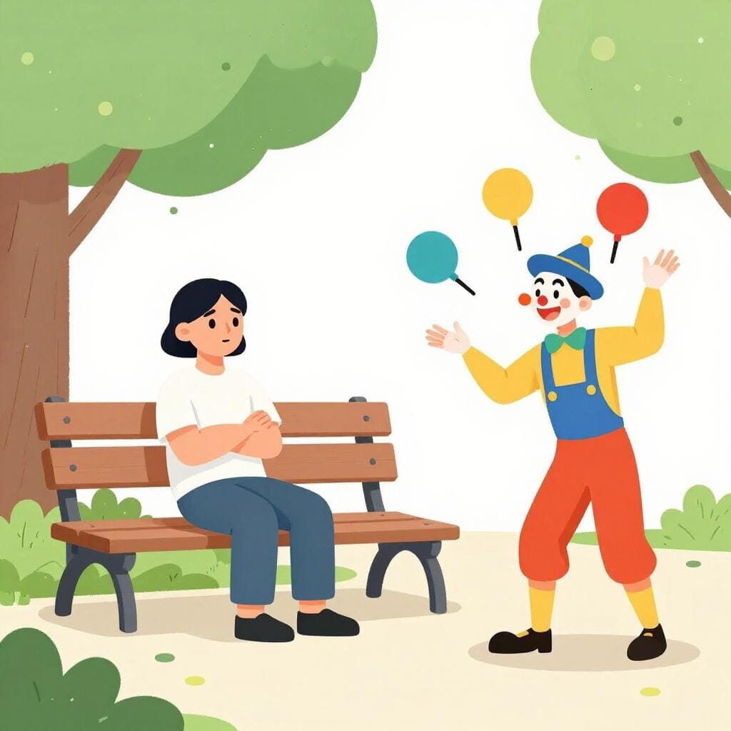 A person sitting on a bench looking away from a colorful street performer, showing a total lack of interest.