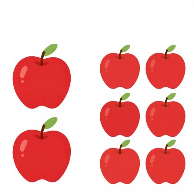 A row of two red apples next to a row of four red apples.