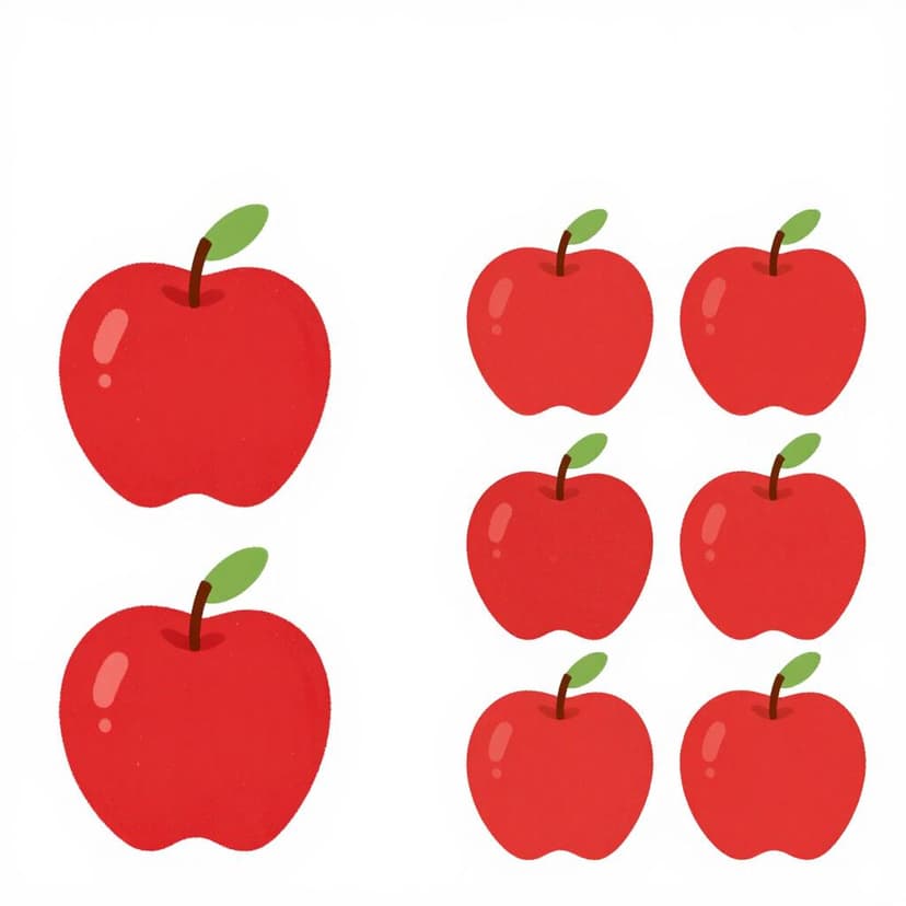 Eine Reihe von zwei roten Äpfeln neben einer Reihe von vier roten Äpfeln.