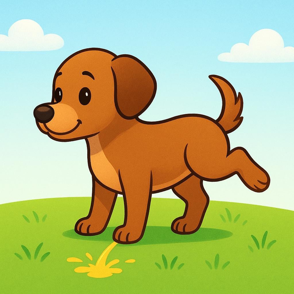 A small brown dog is lifting its back leg, performing the act of urinating onto a patch of green grass.