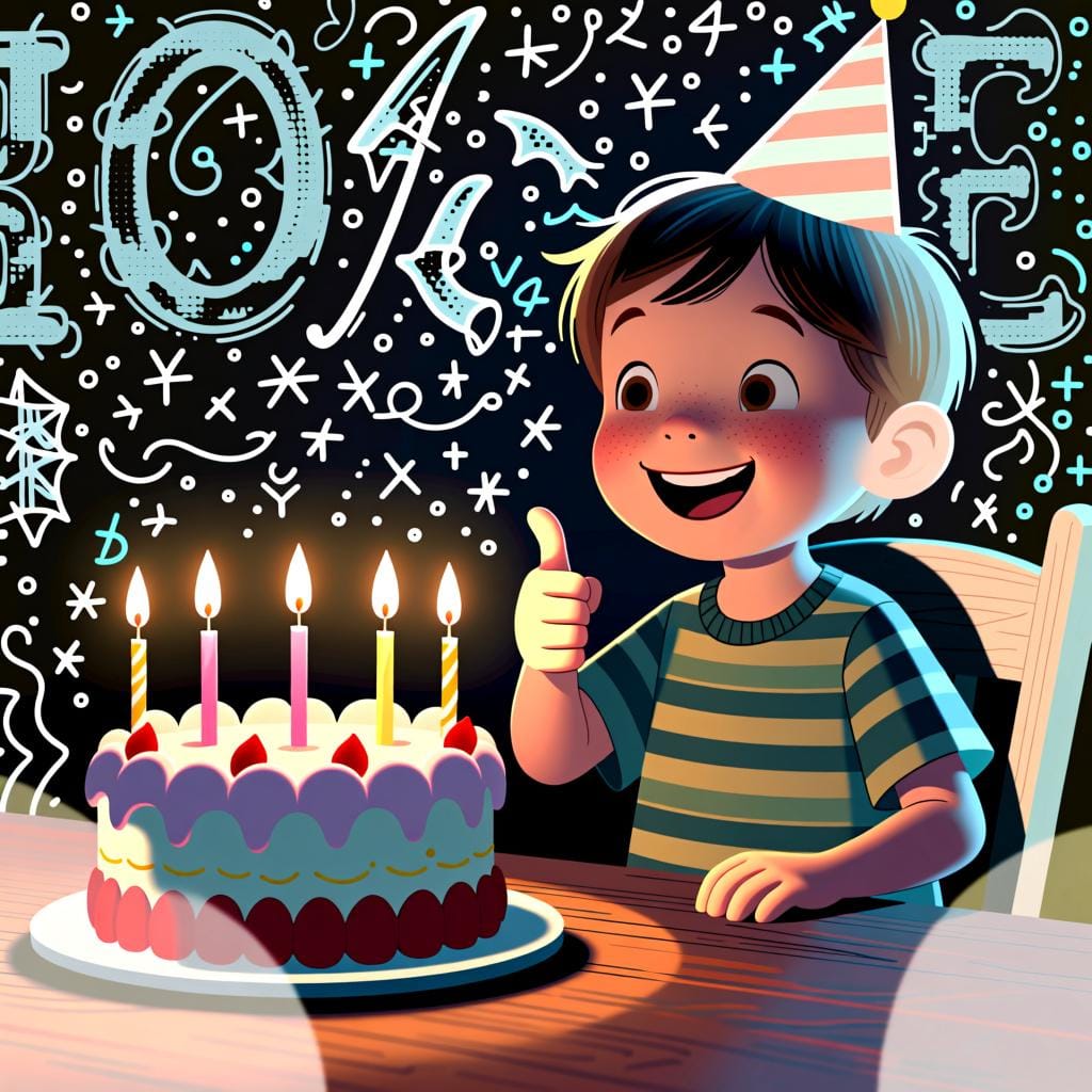 A smiling child standing next to a birthday cake with five lit candles on it, illustrating how 'tiene' is used to talk about age.