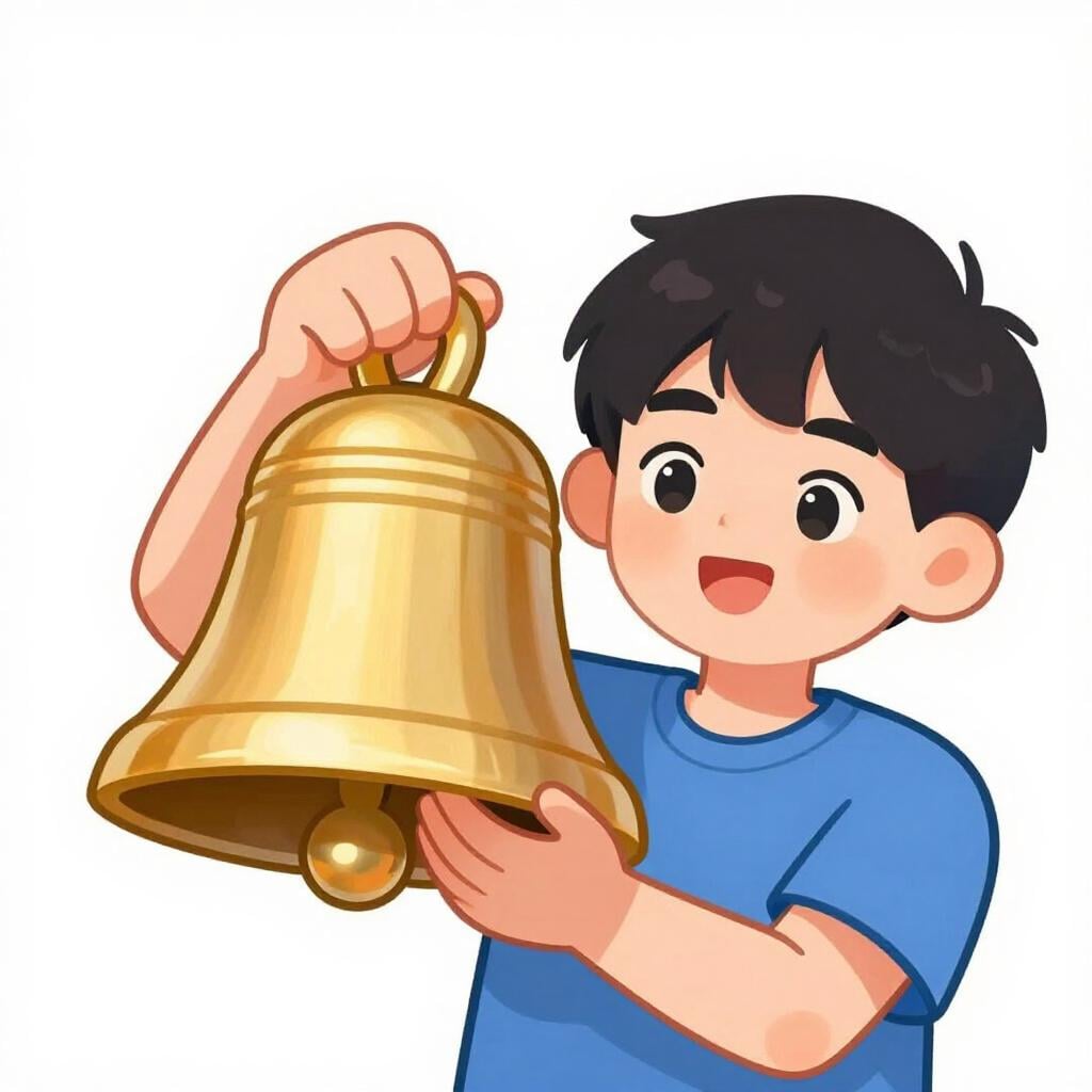 A character holding a single golden bell with a thoughtful expression.